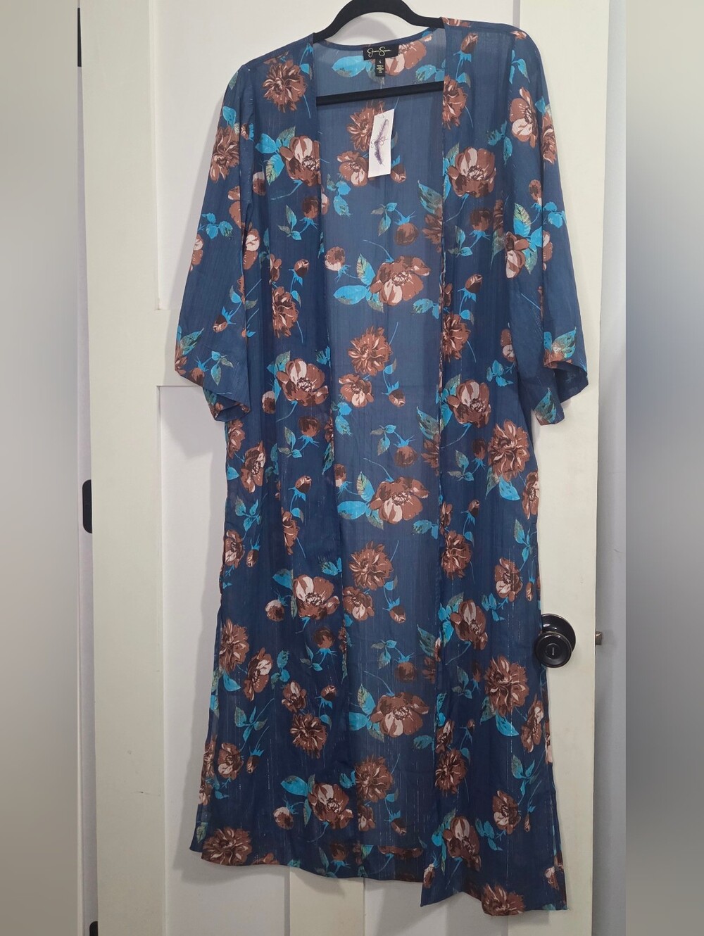 NWT Jessica Simpson - Navy Floral Kimono Duster with Teal and Brown Accents
